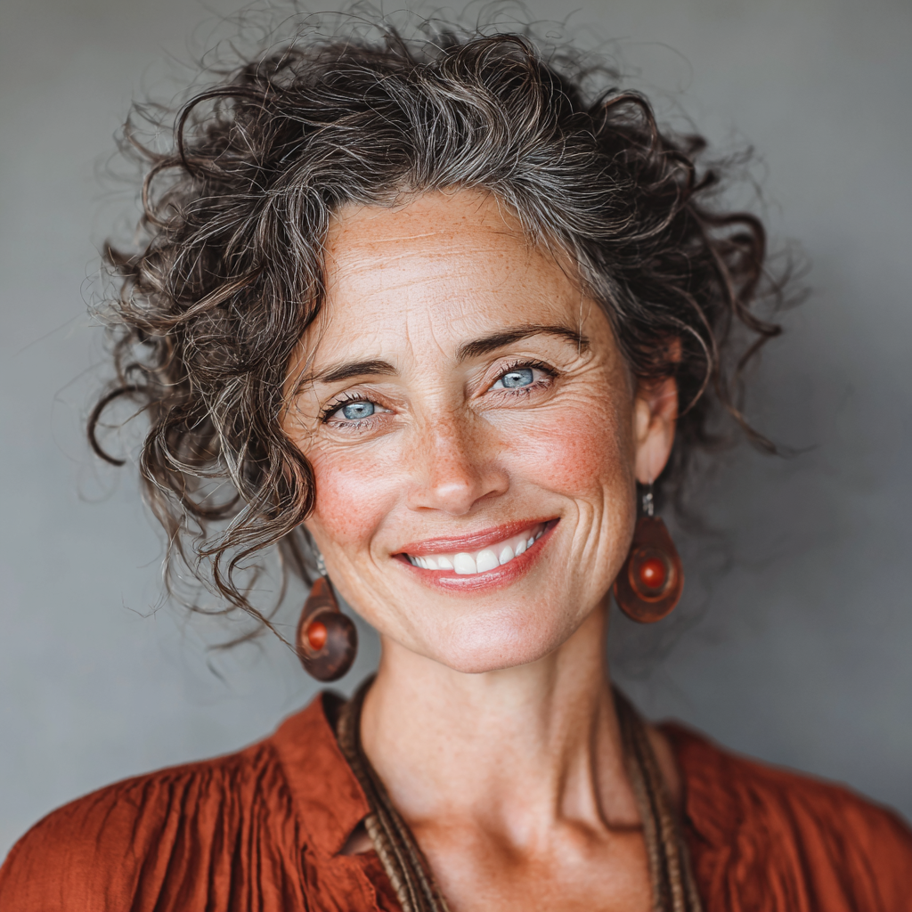 Confident 48-year-old woman with a genuine smile, representing a successful nutrition planning client who has achieved her wellness goals