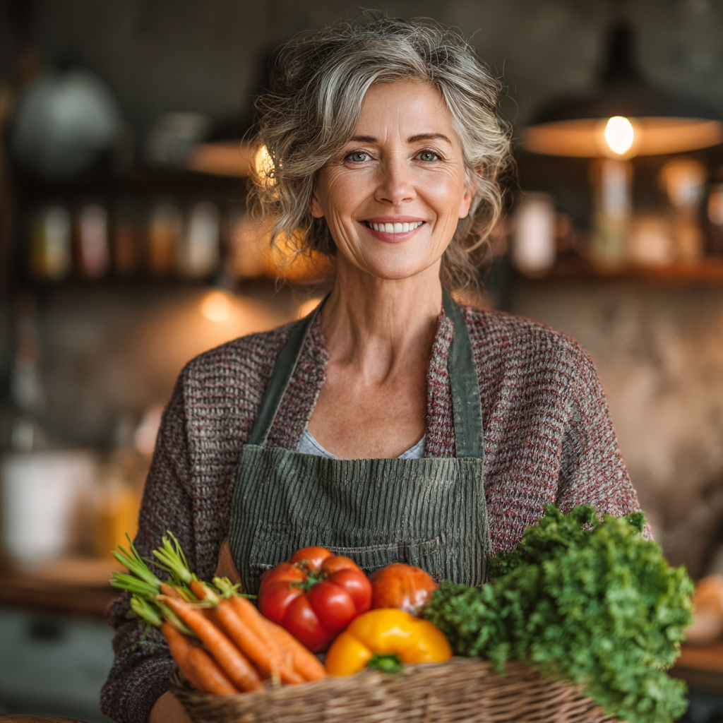 Confident middle-aged woman in her 50s preparing fresh vegetables in a modern kitchen, smiling while holding colorful produce
