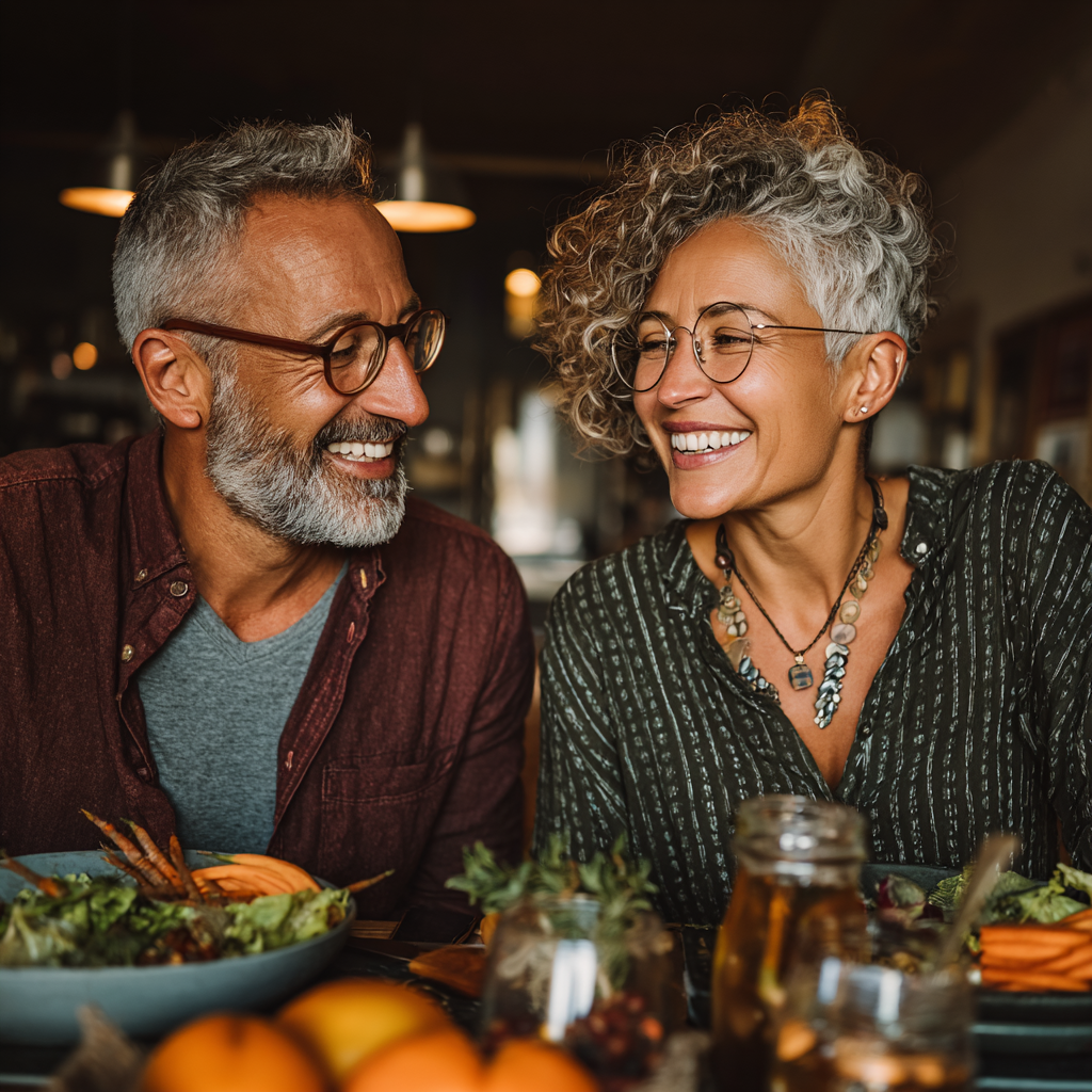 Happy 45-year-old man and woman enjoying a healthy meal together at home, both smiling and engaged in conversation over nutritious food