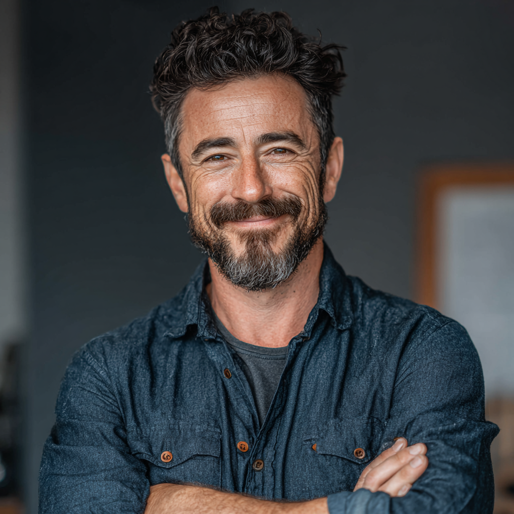Professional 42-year-old businessman with a warm smile, wearing a casual shirt, representing a satisfied nutrition planning client